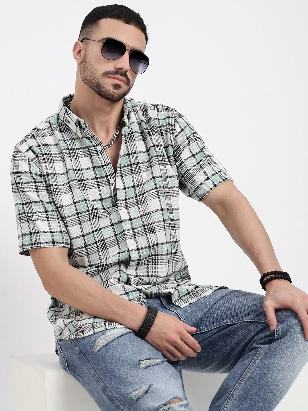 Men Green Checked Slim Fit Shirt