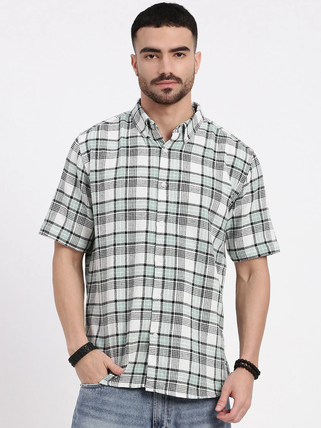 Men Green Checked Slim Fit Shirt