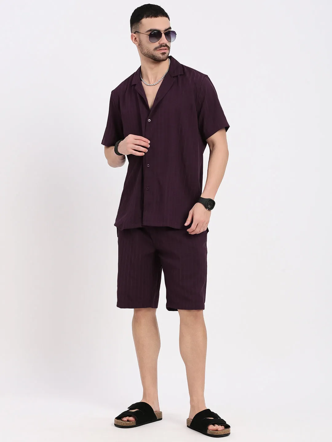 Men Purple Solid Co Ords Set