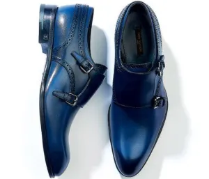 Men's Blue Color Monk Double Buckle Strap Plain Rounded Toe Genuine Leather Shoes