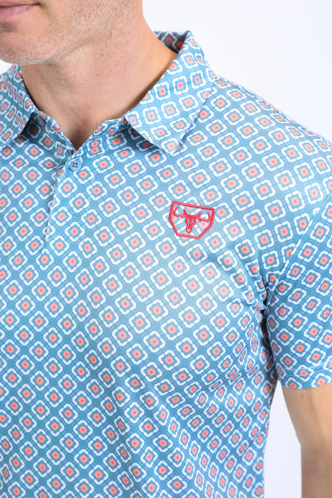 Mens Performance Fabric Print Blue Polo