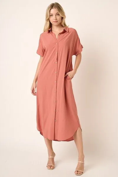 Mittoshop Collared Neck Dolman Short Sleeve Midi Shirt Dress