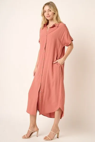 Mittoshop Collared Neck Dolman Short Sleeve Midi Shirt Dress