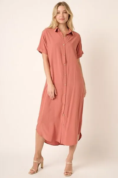 Mittoshop Collared Neck Dolman Short Sleeve Midi Shirt Dress