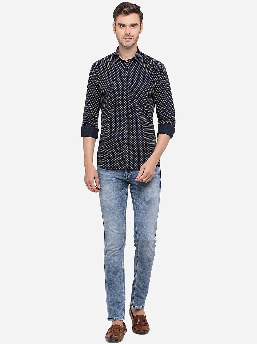 Navy Blue Printed Slim Fit Semi Casual Shirt | Greenfibre