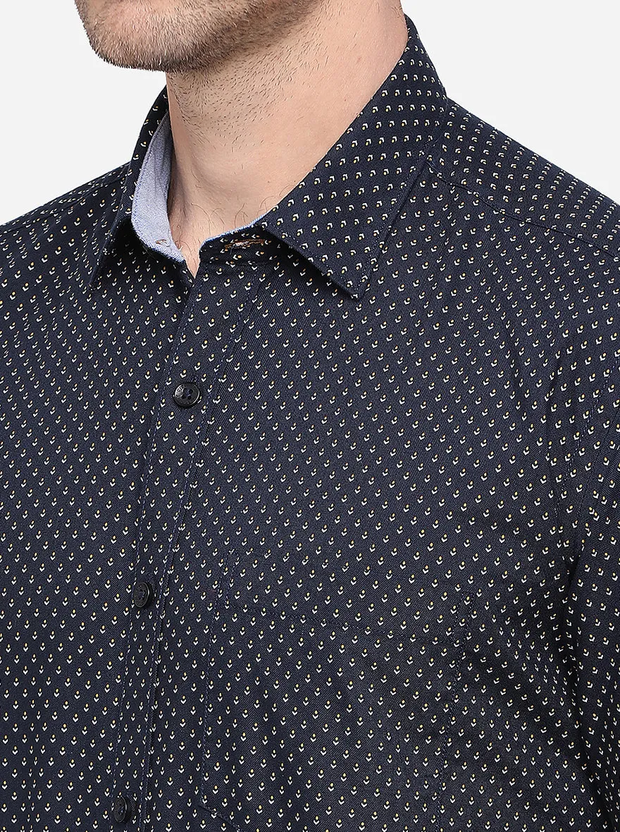 Navy Blue Printed Slim Fit Semi Casual Shirt | Greenfibre