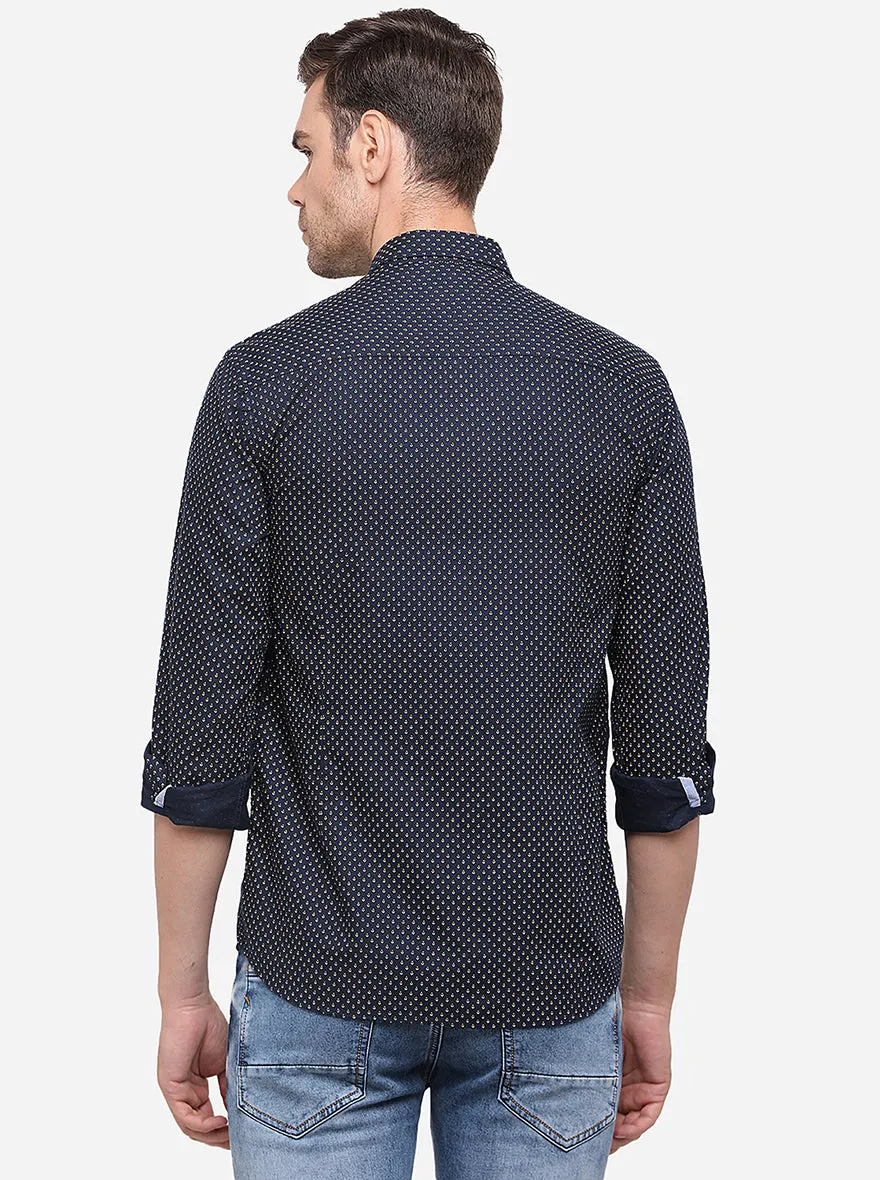 Navy Blue Printed Slim Fit Semi Casual Shirt | Greenfibre