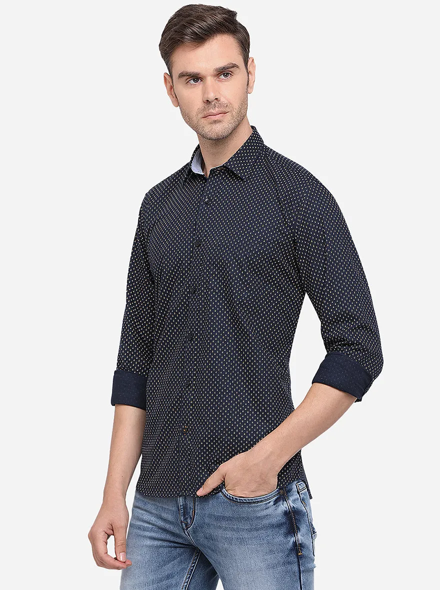 Navy Blue Printed Slim Fit Semi Casual Shirt | Greenfibre