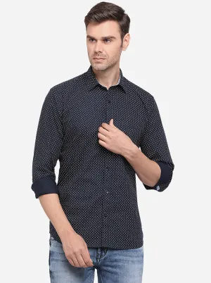 Navy Blue Printed Slim Fit Semi Casual Shirt | Greenfibre