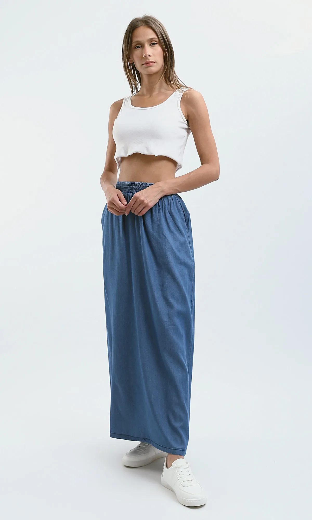 O182850 Elastic Waist Slip On Medium Blue Skirt Two Pockets