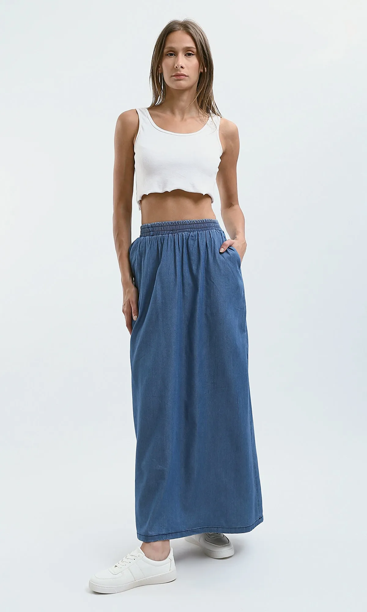 O182850 Elastic Waist Slip On Medium Blue Skirt Two Pockets