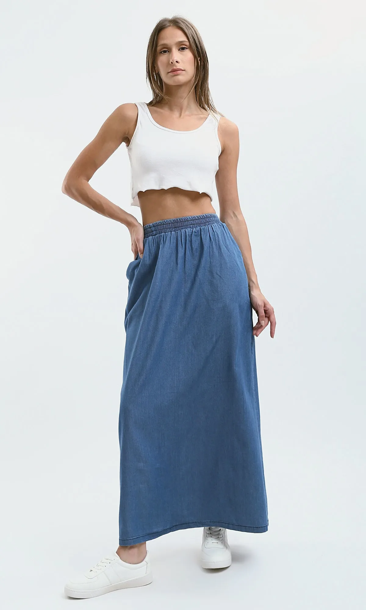 O182850 Elastic Waist Slip On Medium Blue Skirt Two Pockets