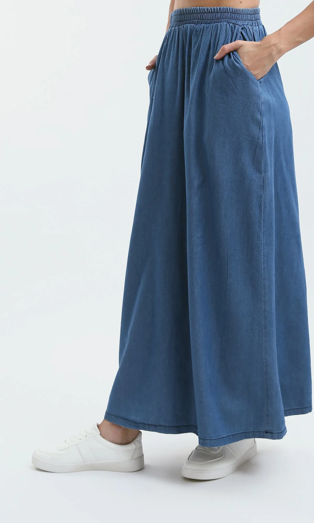 O182850 Elastic Waist Slip On Medium Blue Skirt Two Pockets