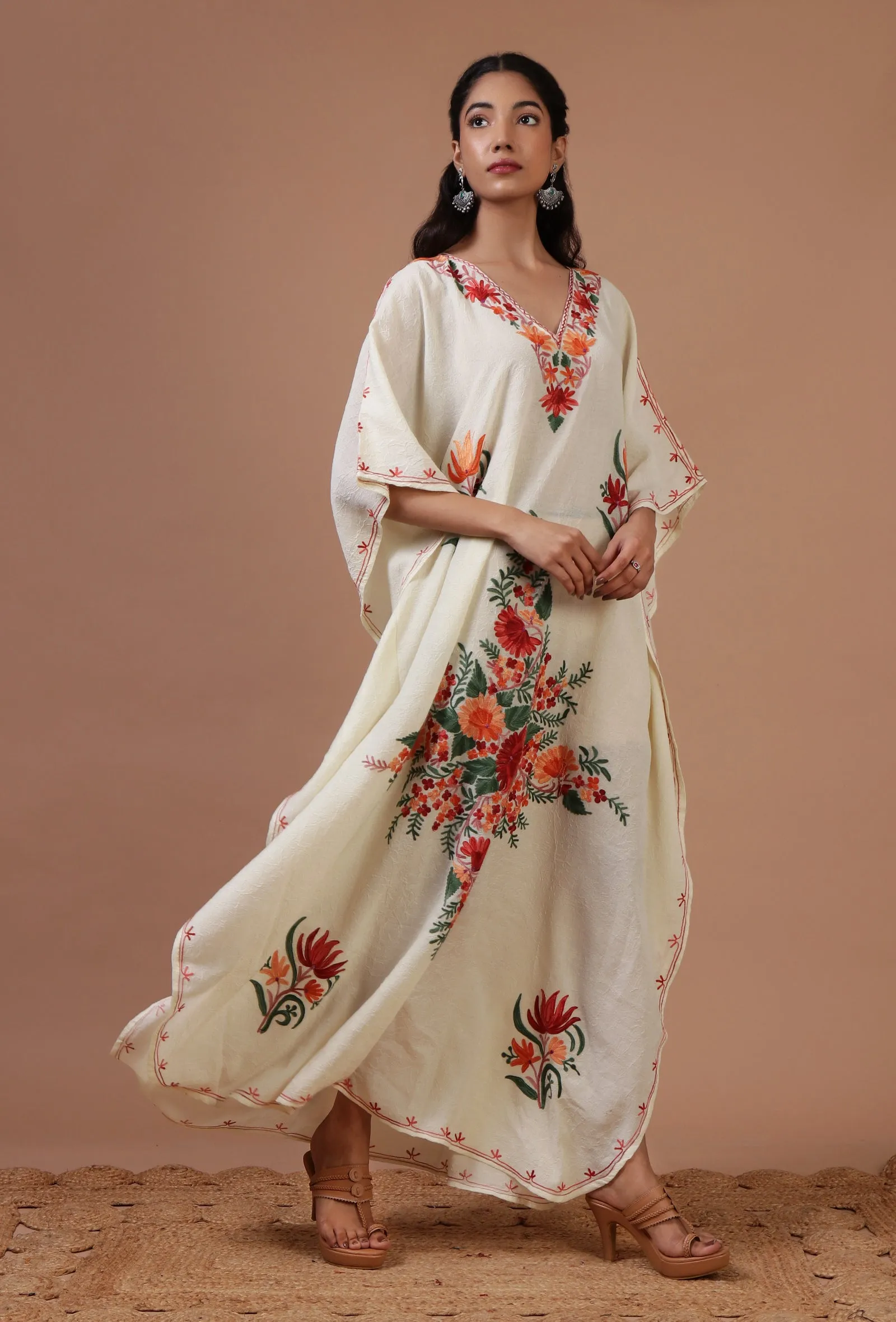 Off-White Silk Ari Embroidered Kaftan- Free Size