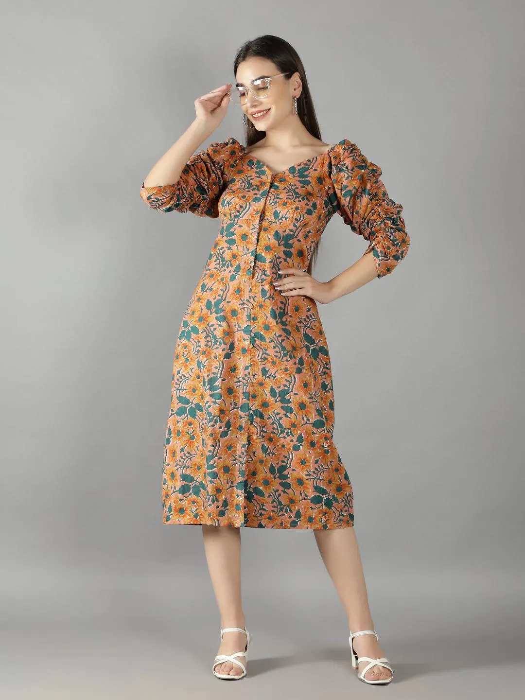 Peach Cobbler Long Voluminous Sleeves Dress