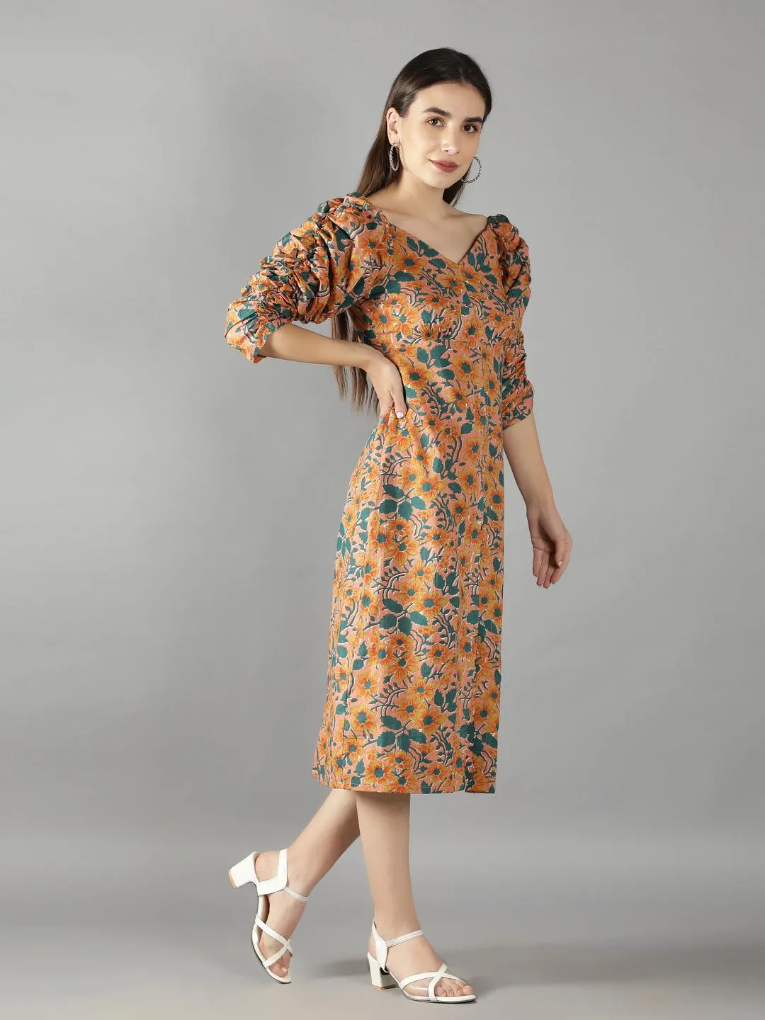 Peach Cobbler Long Voluminous Sleeves Dress