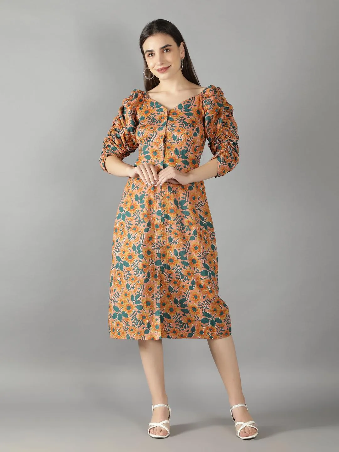 Peach Cobbler Long Voluminous Sleeves Dress