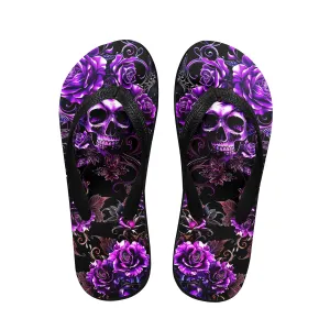 Purple Skull Rose Gothic Flip Flops for Women Beach