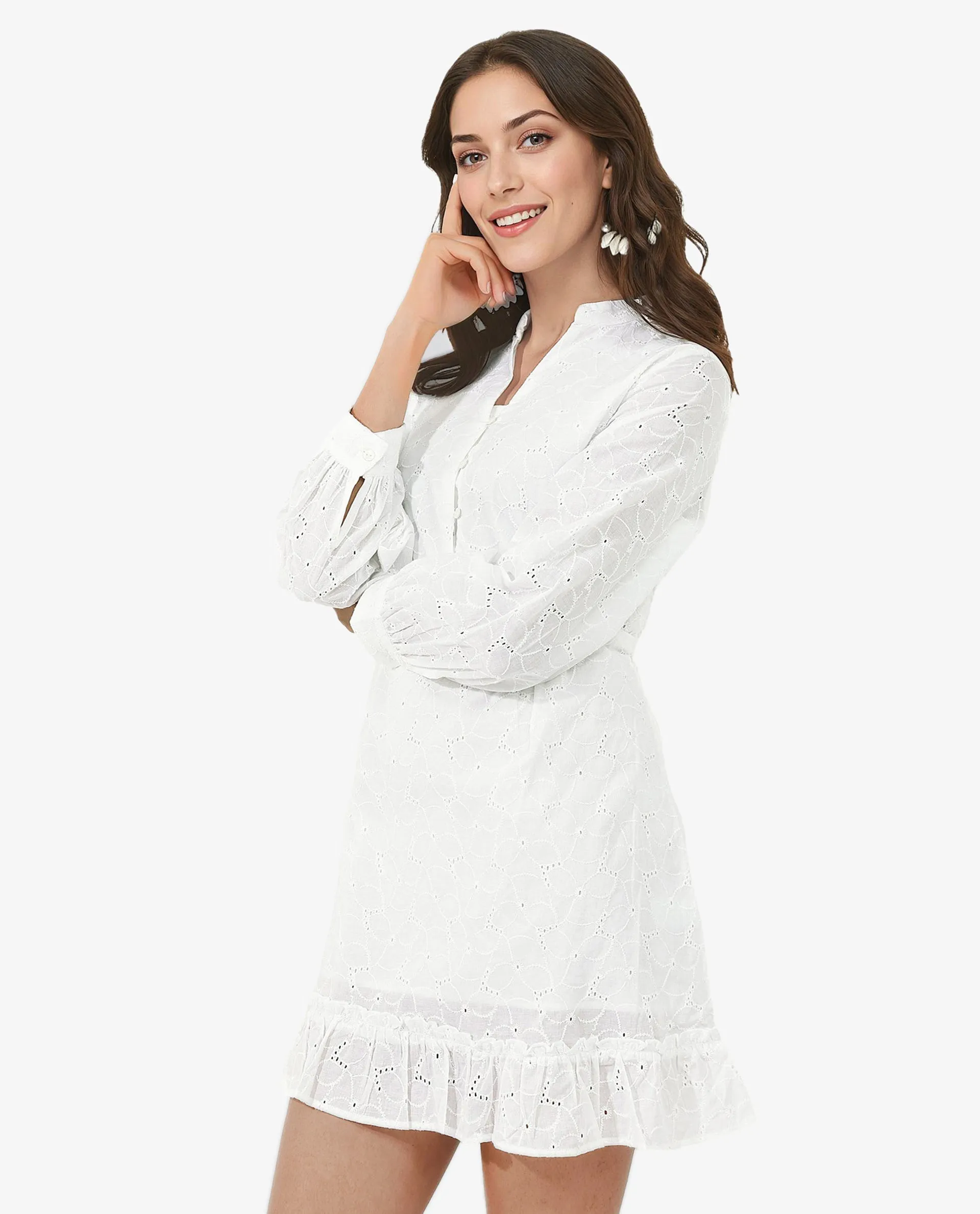 Rareism Women Walder White Cotton V-Neck Dress