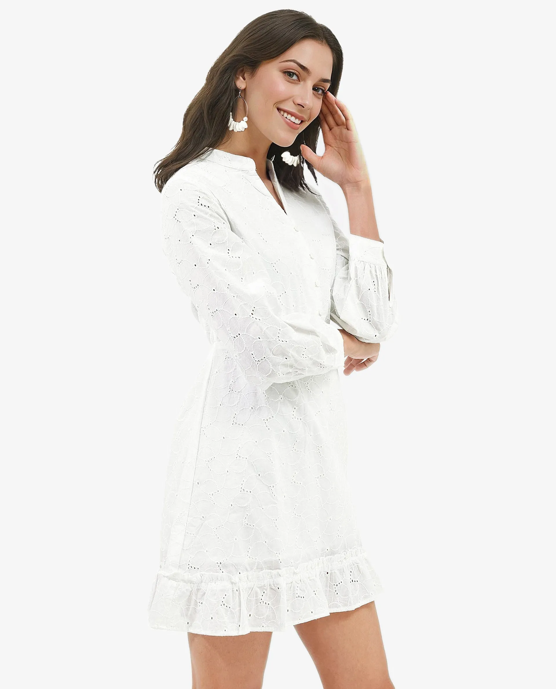 Rareism Women Walder White Cotton V-Neck Dress