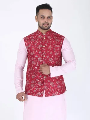 Red Pink Flower Work Nehru Jacket