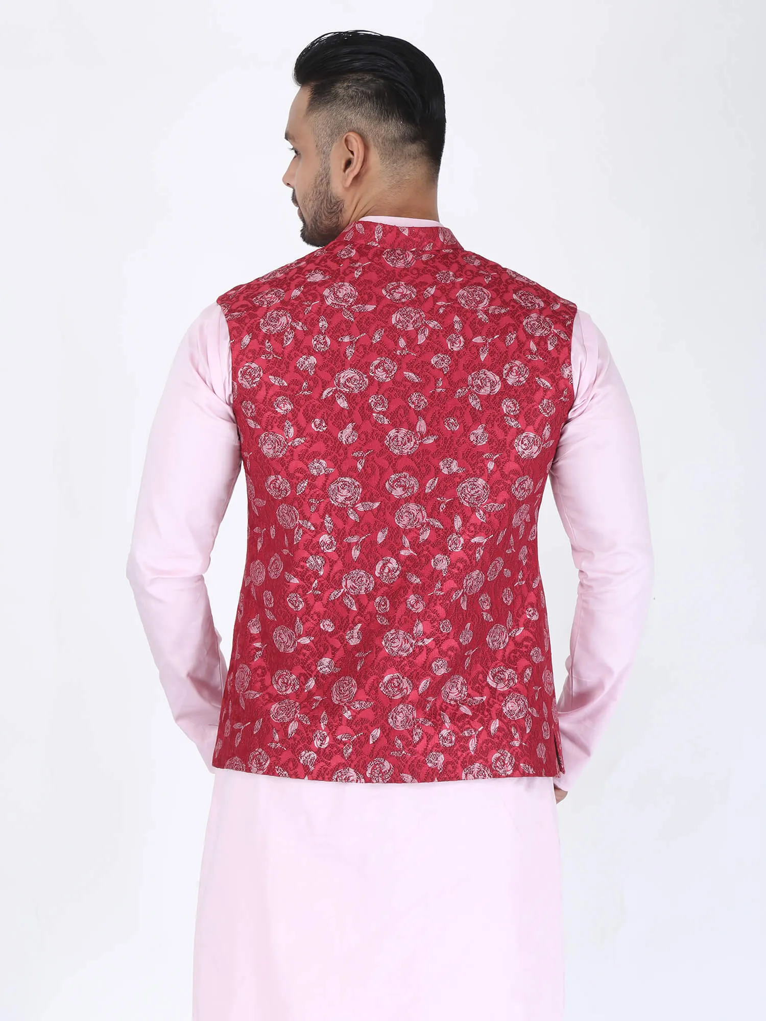 Red Pink Flower Work Nehru Jacket