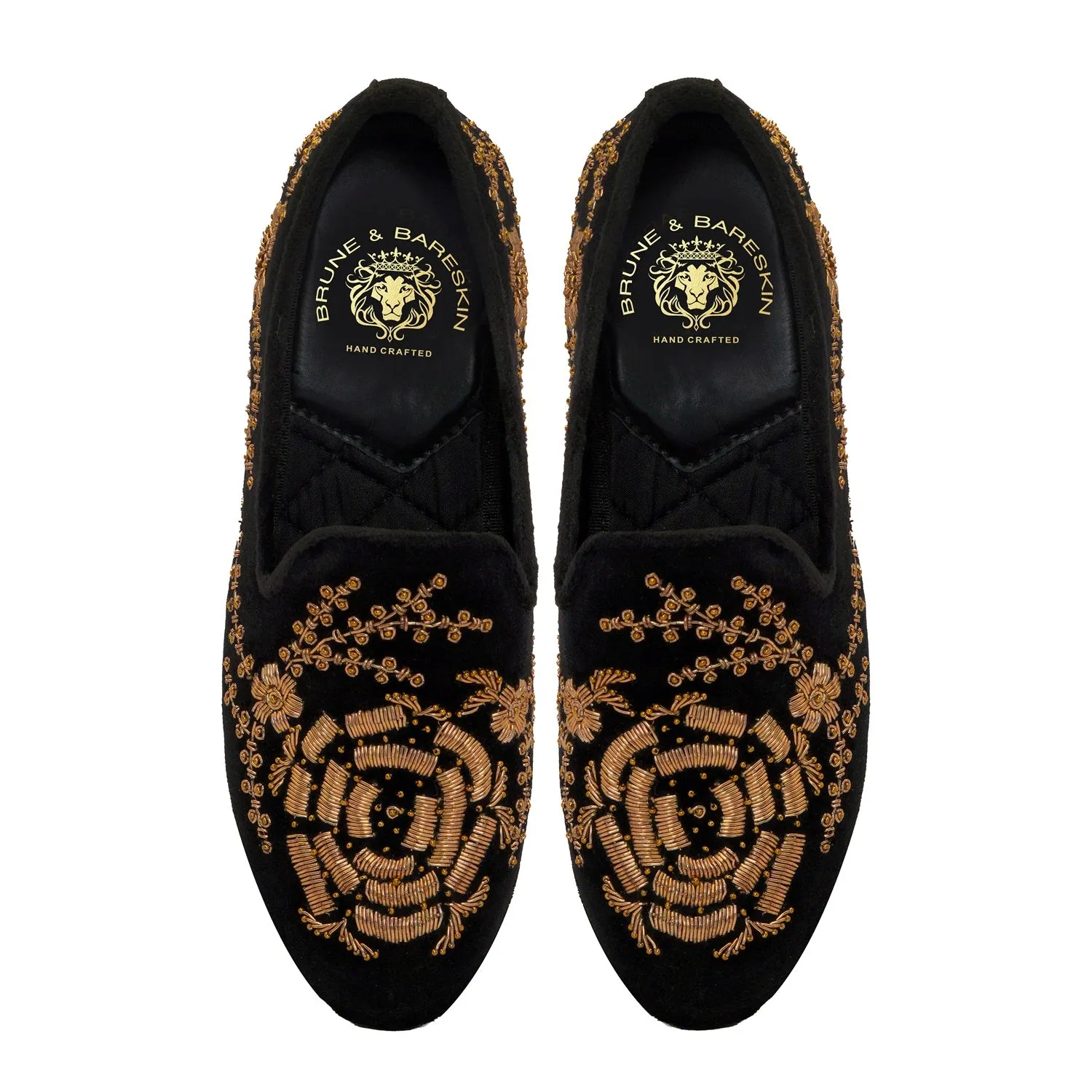 Rose Inspired Golden Zardosi Black Velvet Slip-On