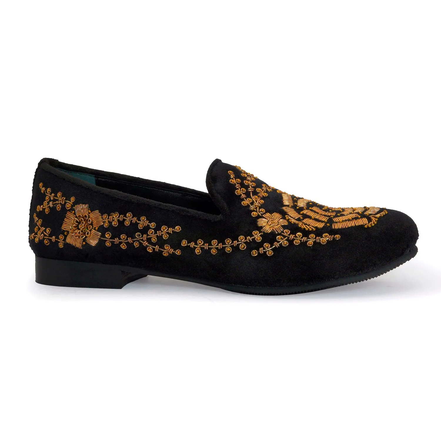 Rose Inspired Golden Zardosi Black Velvet Slip-On