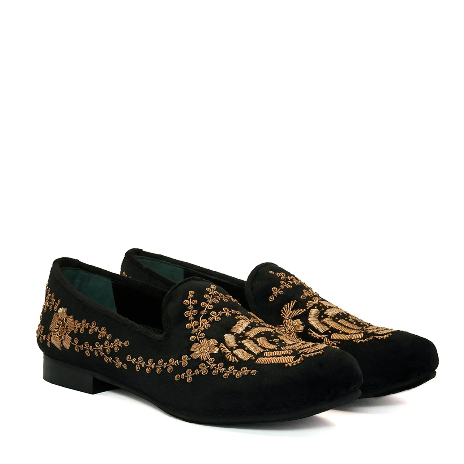 Rose Inspired Golden Zardosi Black Velvet Slip-On