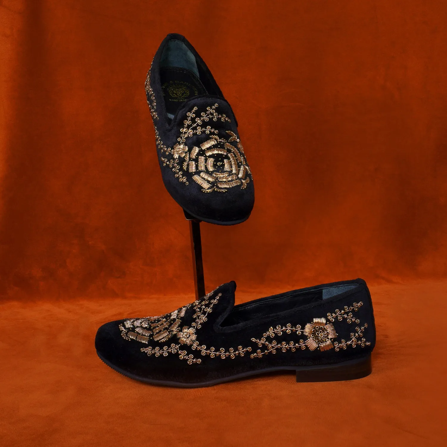 Rose Inspired Golden Zardosi Black Velvet Slip-On