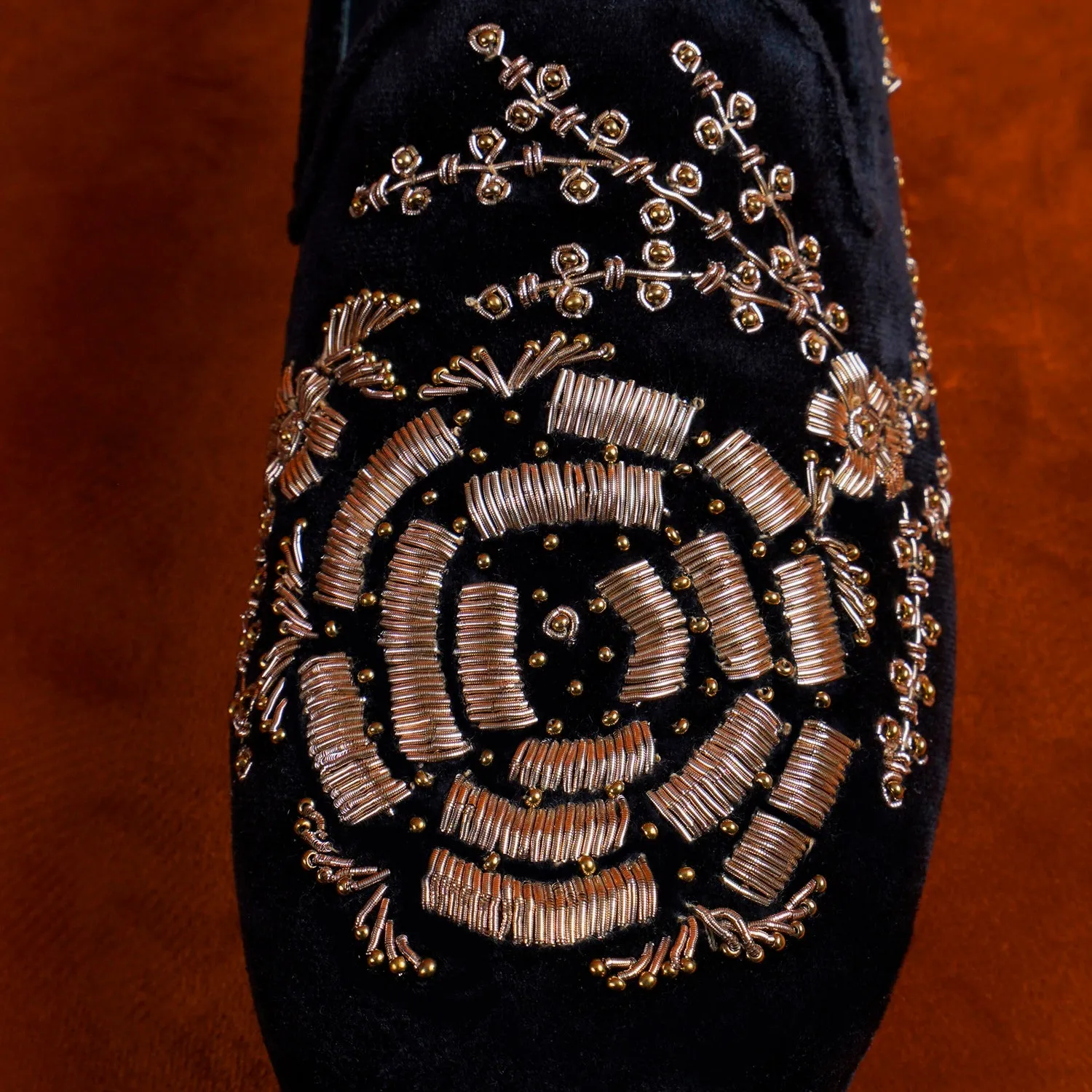 Rose Inspired Golden Zardosi Black Velvet Slip-On