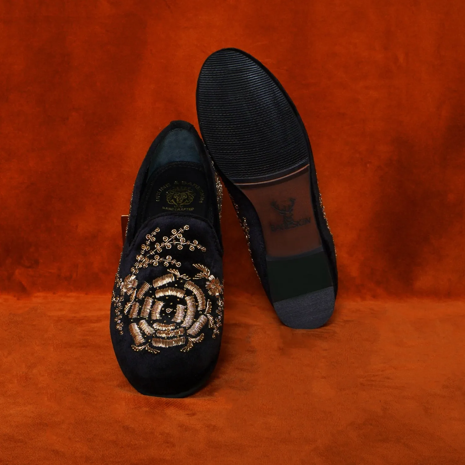 Rose Inspired Golden Zardosi Black Velvet Slip-On