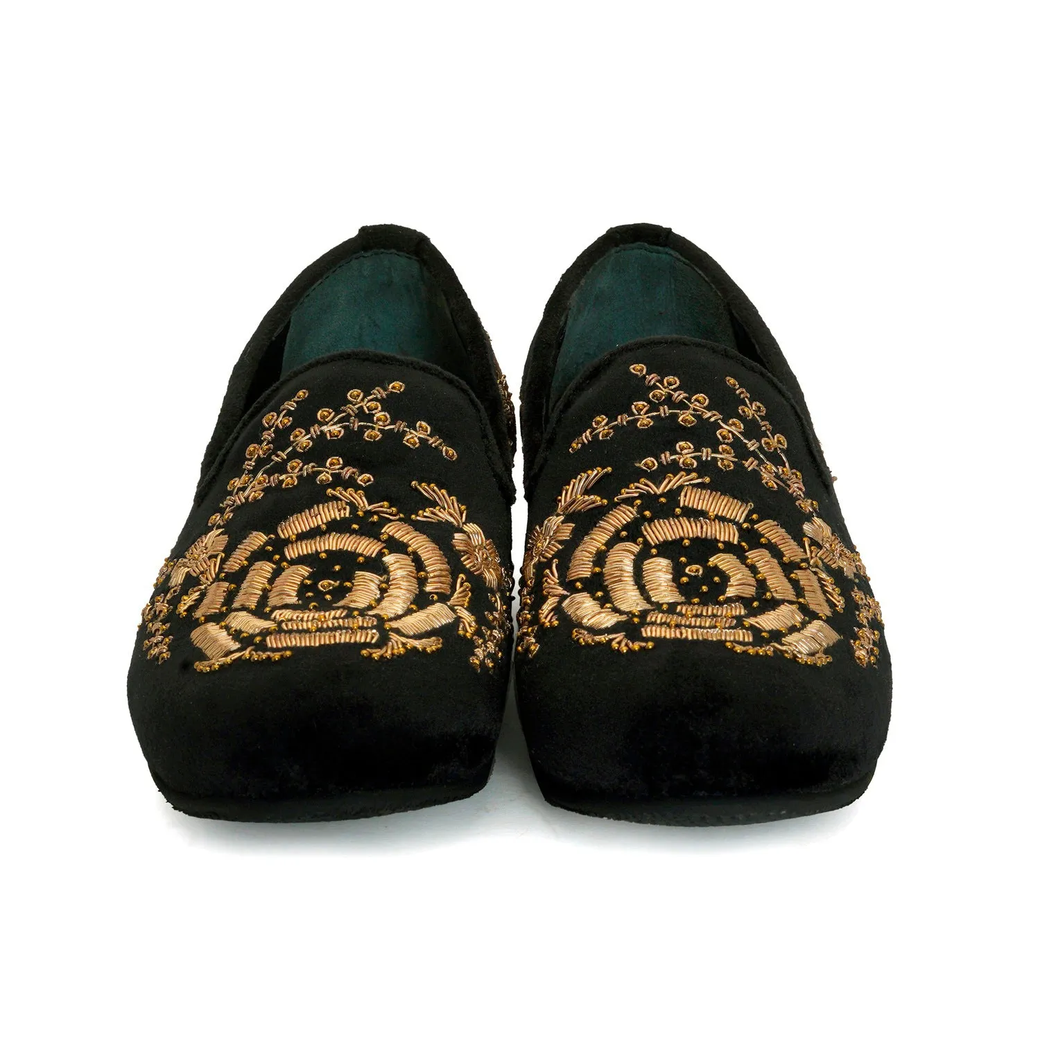 Rose Inspired Golden Zardosi Black Velvet Slip-On