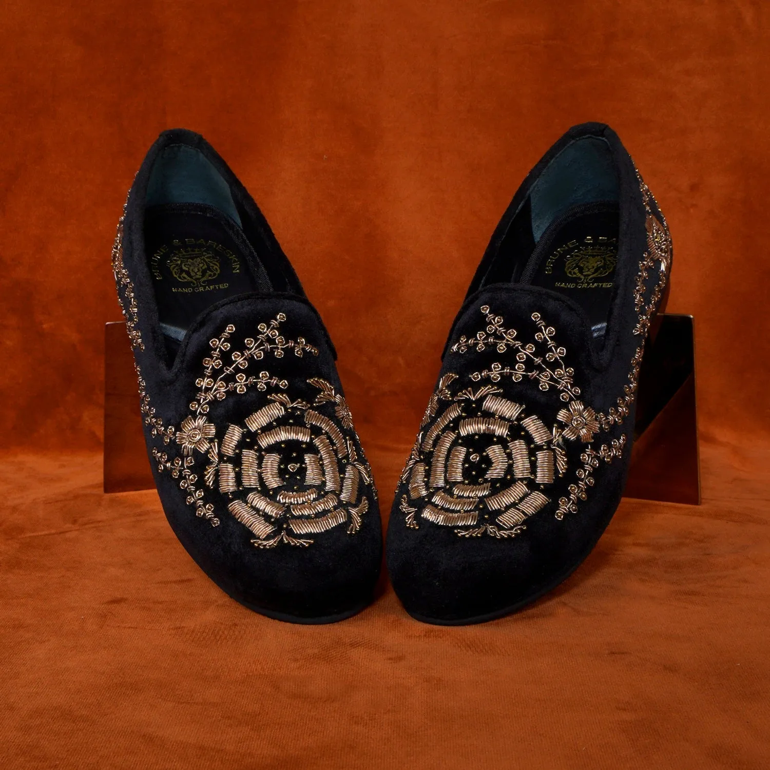 Rose Inspired Golden Zardosi Black Velvet Slip-On