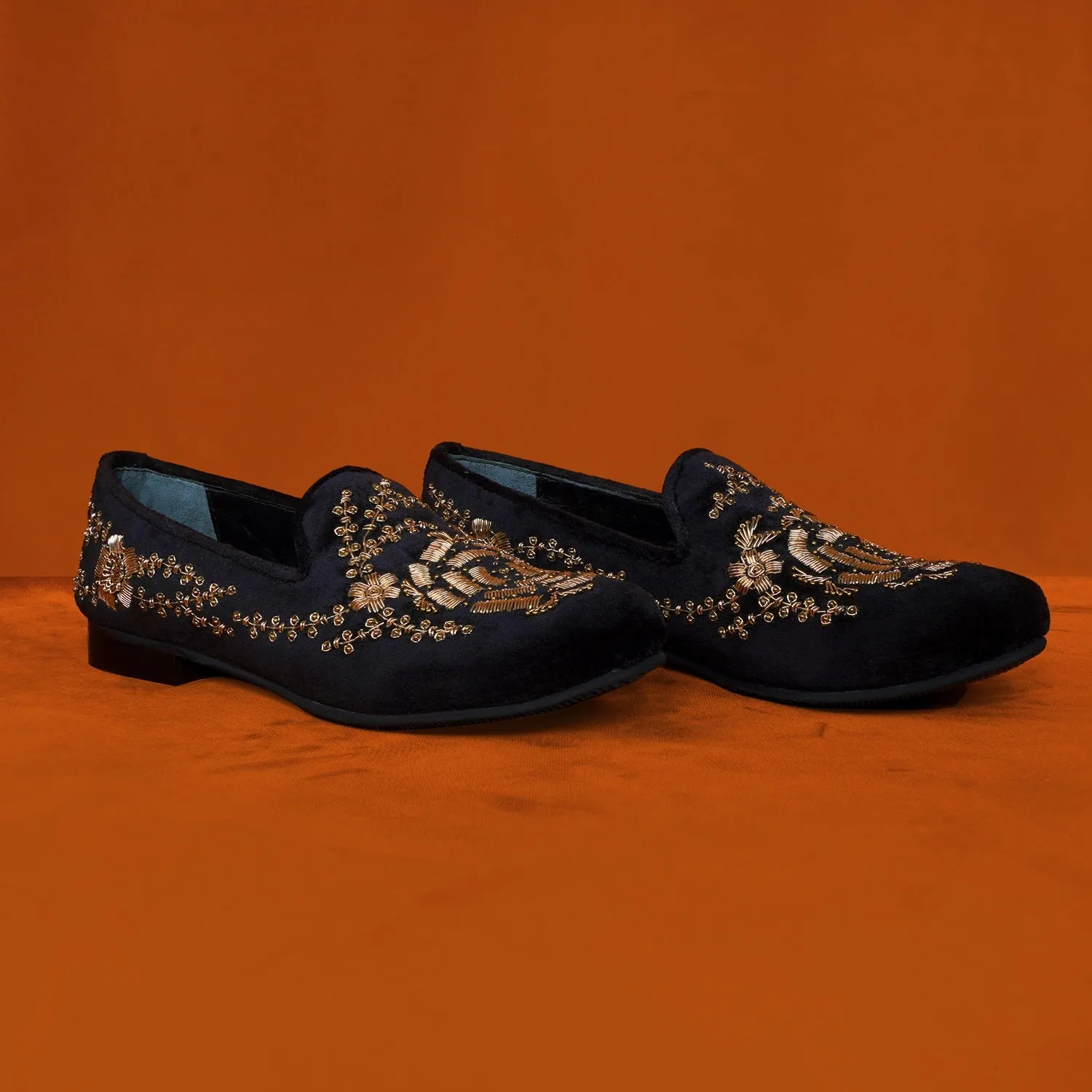 Rose Inspired Golden Zardosi Black Velvet Slip-On