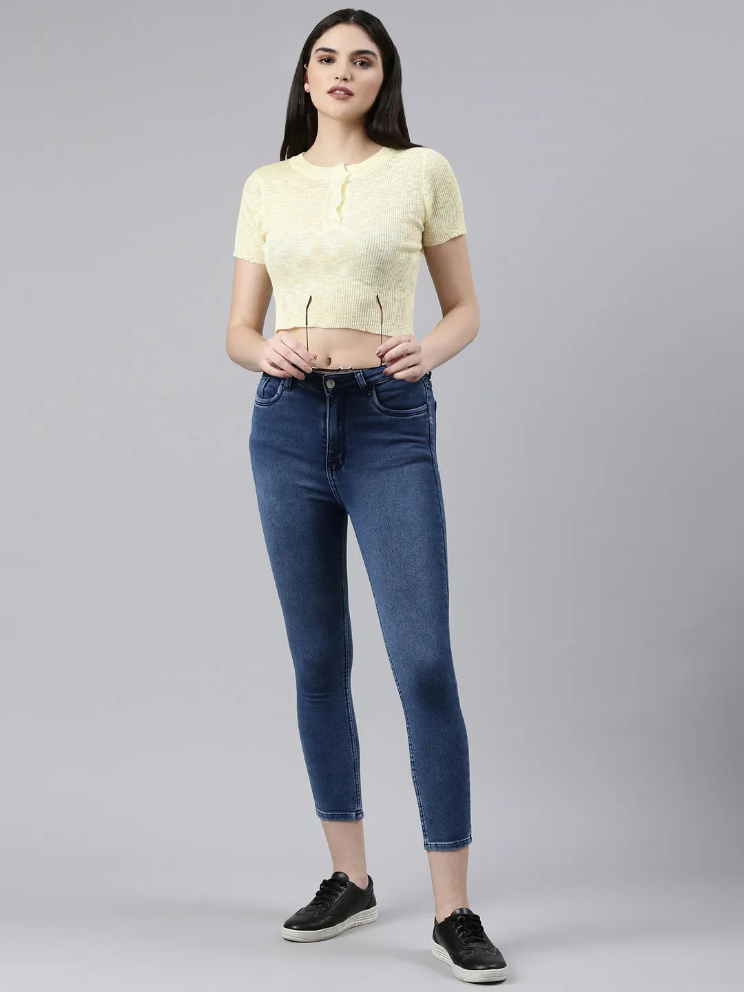 Round Neck Solid Yellow Crop Top