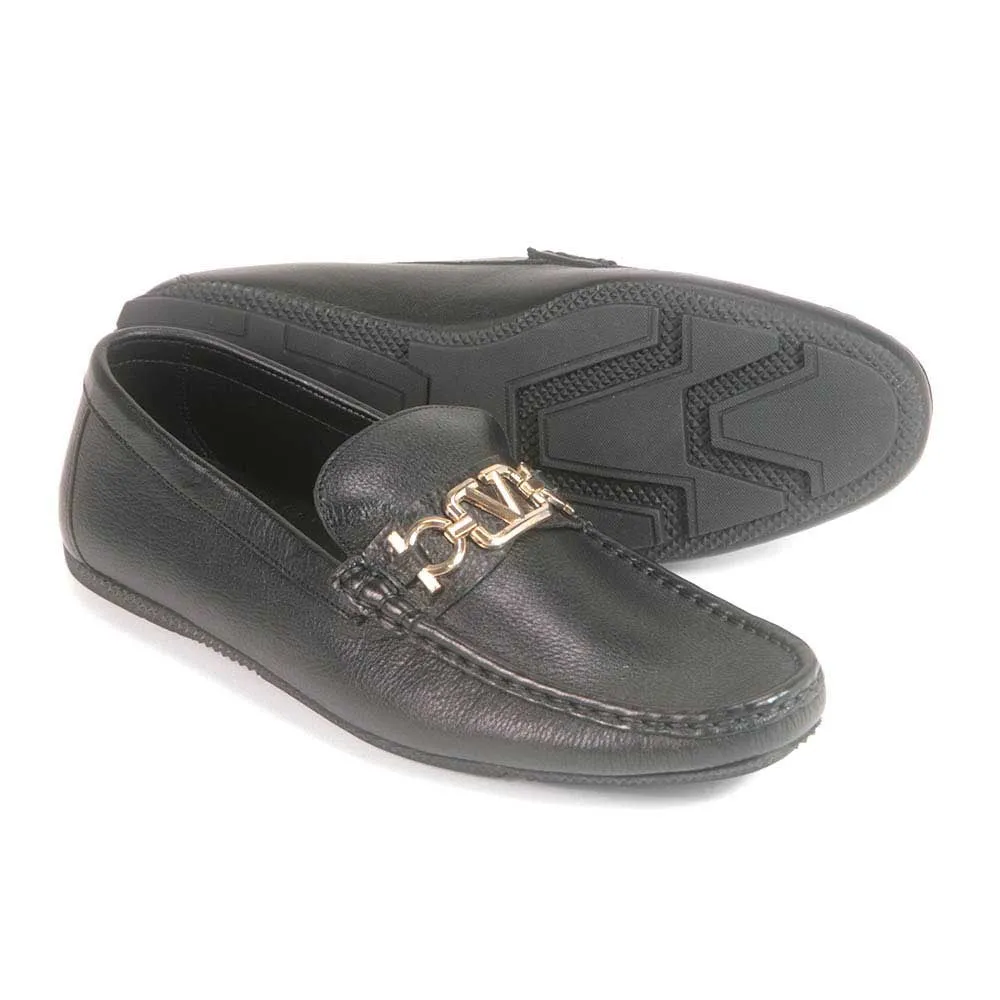 Sigotto Uomo Black Soft Leather Driving Loafer with V Logo