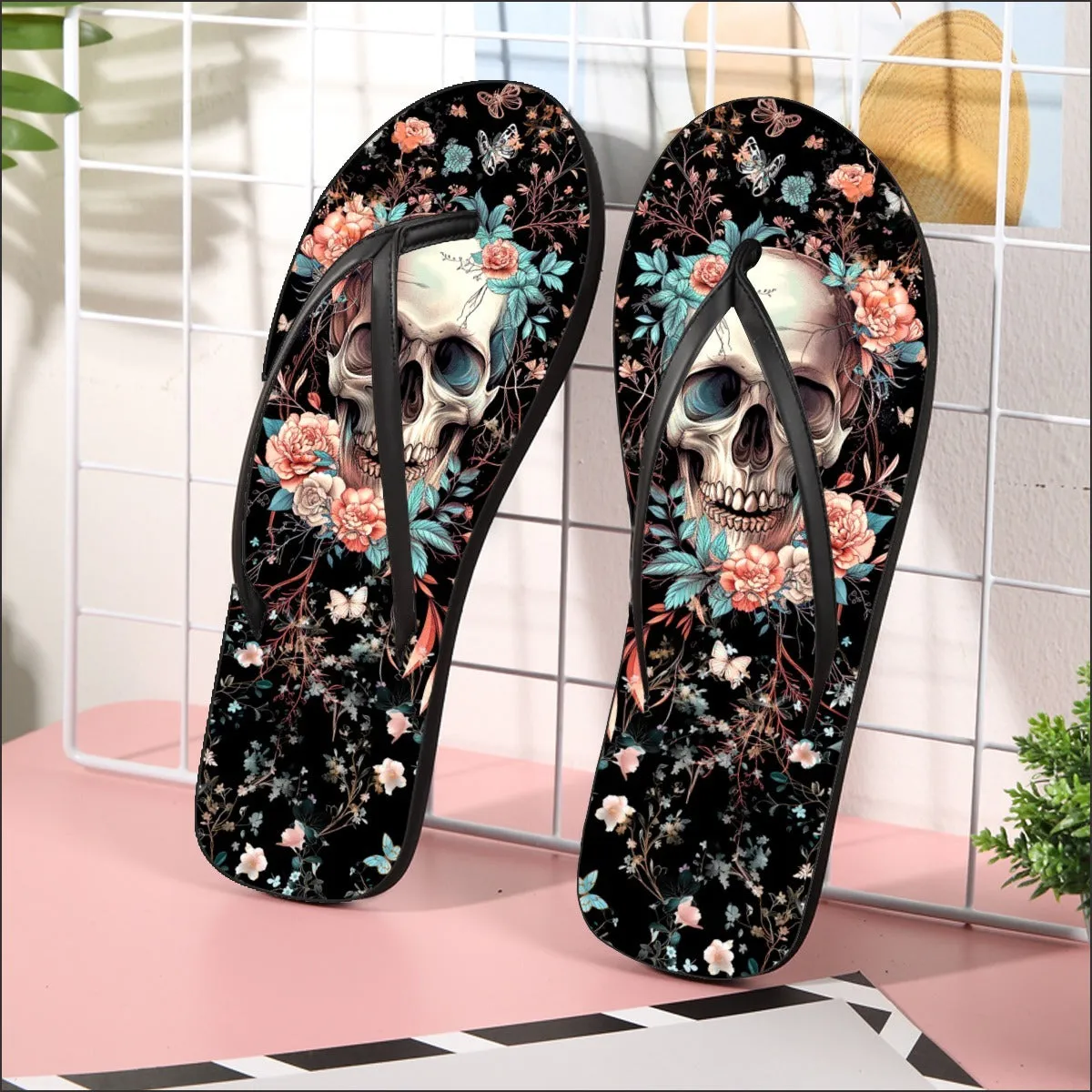 Skull Floral Art Flip Flops for Women Beach