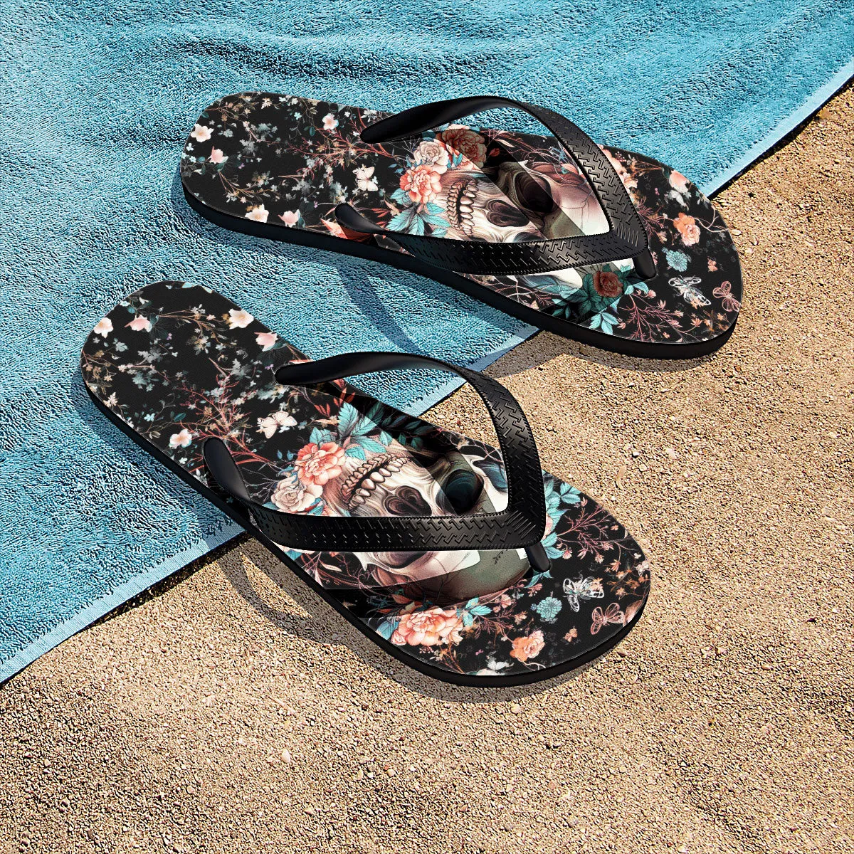 Skull Floral Art Flip Flops for Women Beach