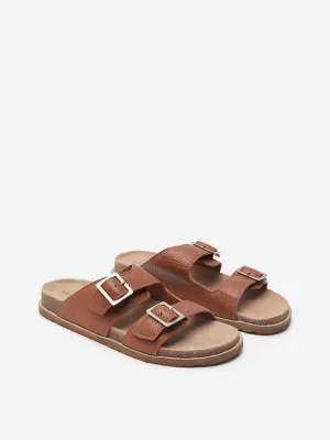 SOLEPLAY Tan Textured Slip-On Leather Sandals