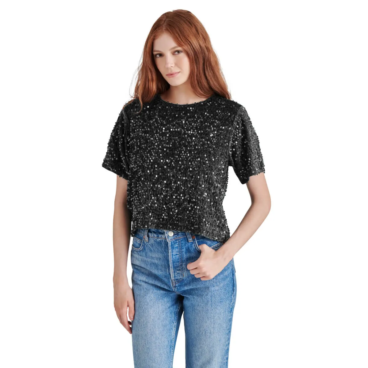 Steve Madden Cressa Sequin Short Sleeve Top