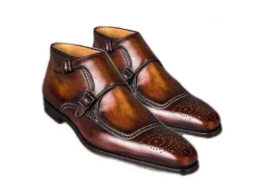 Stylish Handmade Men's Brogue Double Monk Strap Shoes, Pure Leather Men's Brown Shoes