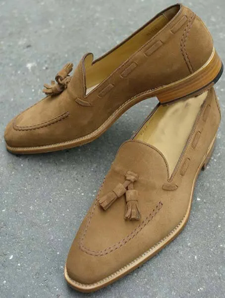 Stylish Men's Handmade Camel Color Suede Tassel Loafers, Men's Suede Tussle Shoes