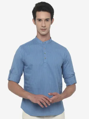 Turquoise Blue Striped Slim Fit Semi Casual Shirt | Greenfibre