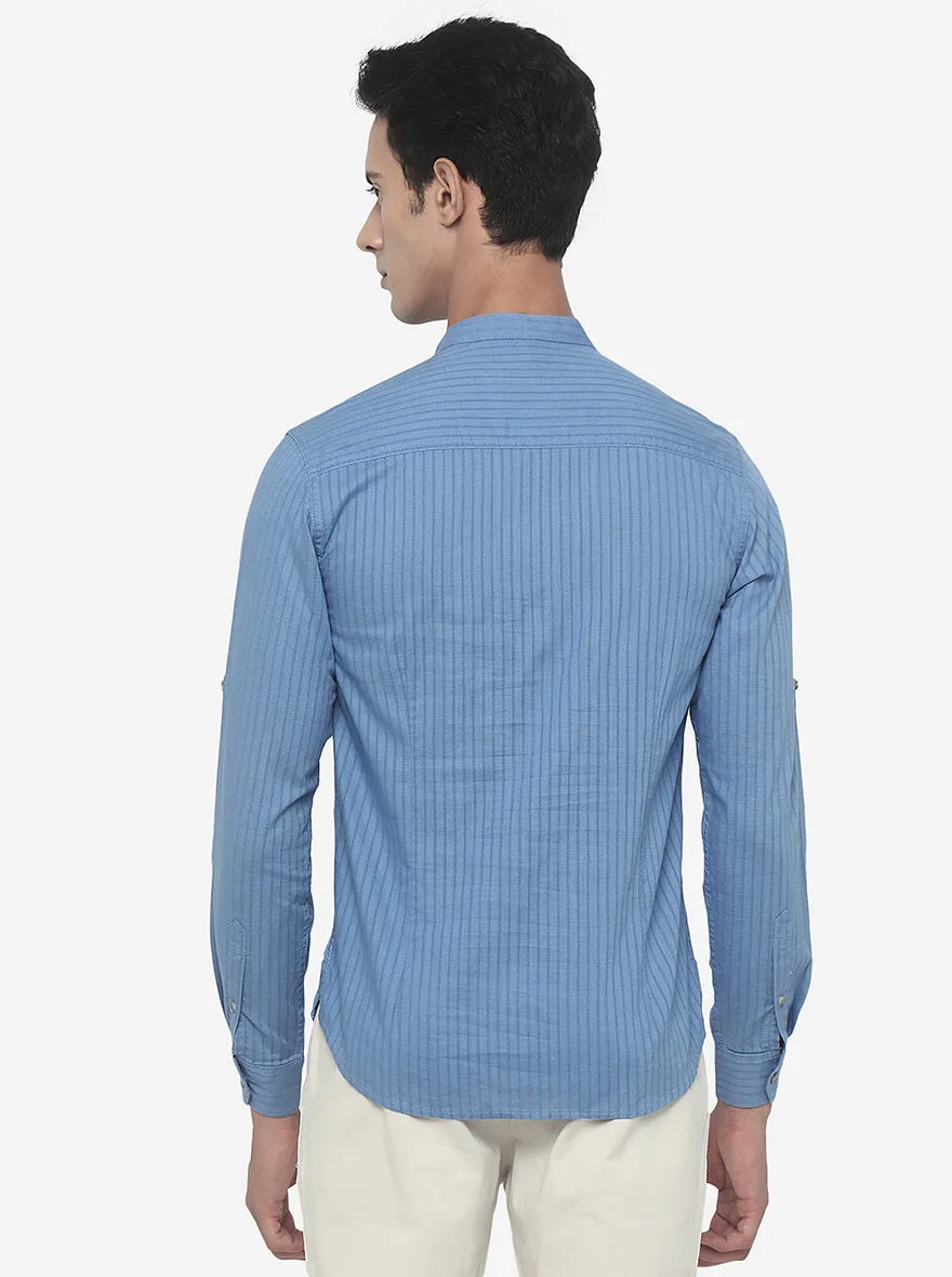 Turquoise Blue Striped Slim Fit Semi Casual Shirt | Greenfibre