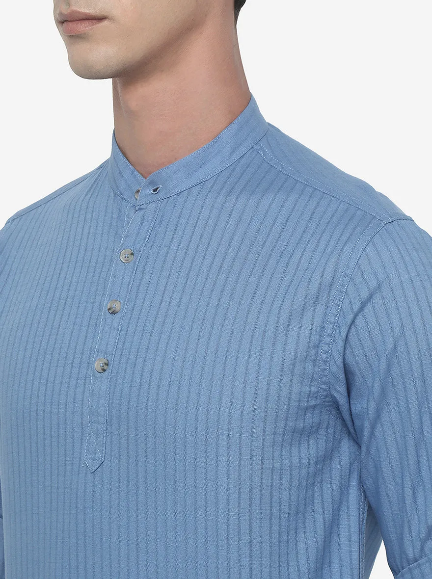 Turquoise Blue Striped Slim Fit Semi Casual Shirt | Greenfibre