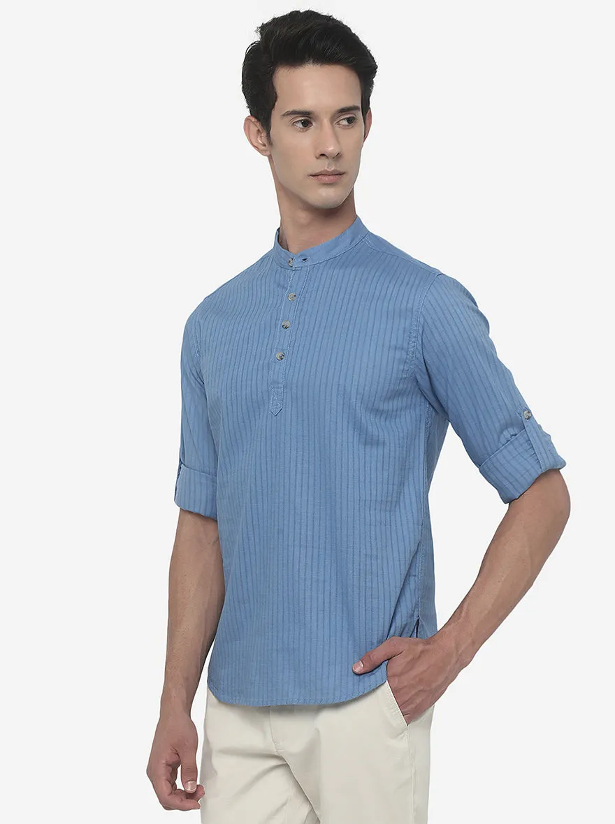 Turquoise Blue Striped Slim Fit Semi Casual Shirt | Greenfibre