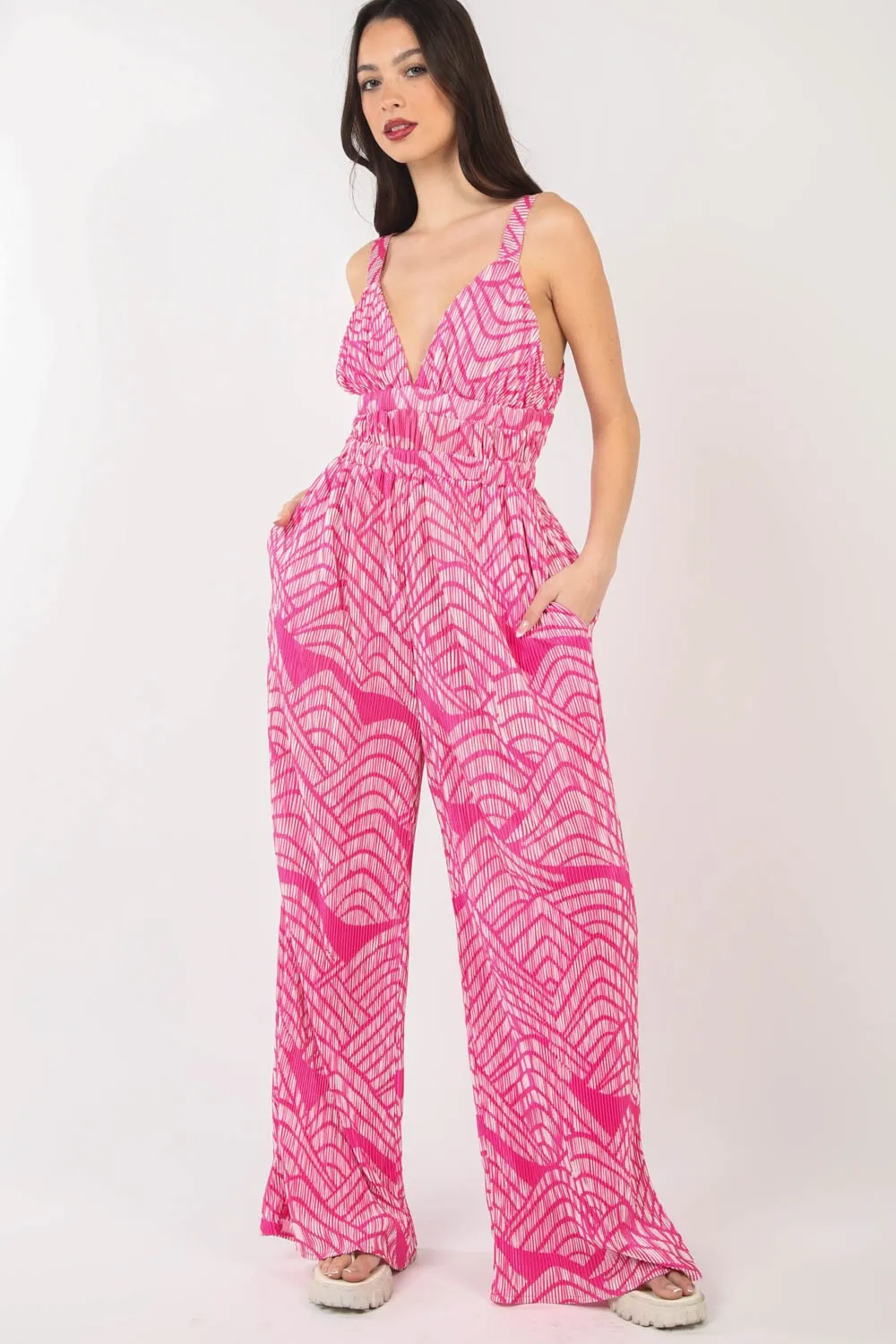 VERY J Printed Pleated Sleeveless Wide Leg Jumpsuit