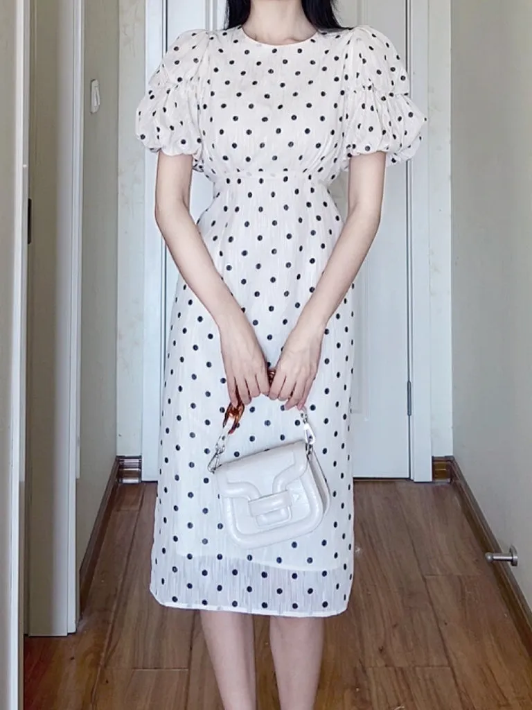 White Bubble Sleeves Polka Dot Dress