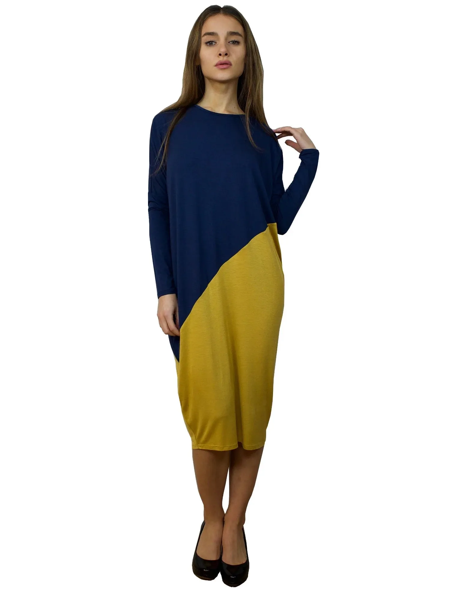 Women's Midi Length Color Blocked Comfy Dress